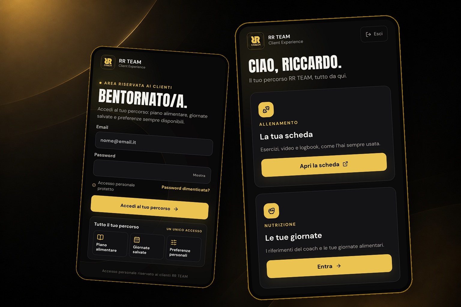 RR Team App: accesso personale e home con le aree Allenamento e Nutrizione