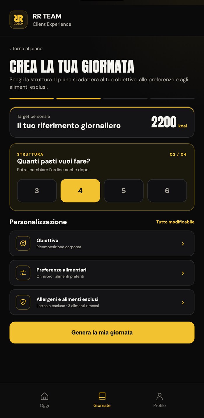 App RR Team — nutrizione interattiva: crea la tua giornata